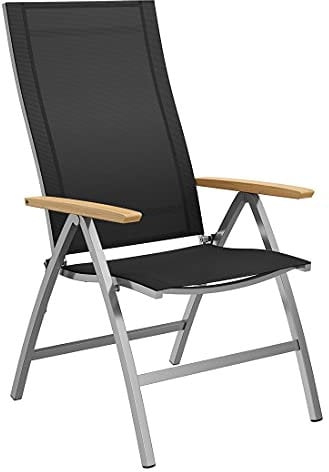 OUTLIV. Klappsessel Oviedo, Edelstahl Textilene Teak, Belastbarkeit 150 kg,Verstellbare Rückenlehne, Pflegeleicht, Wetterfest, Klappbar, 61x55x110cm