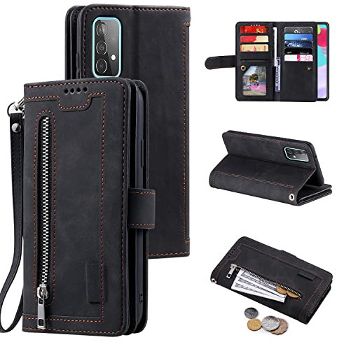 EYZUTAK Handyhülle für Samsung Galaxy A53 5G Hülle,Flip Case Lederhülle Reißverschluss Magnetverschluss Brieftasche mit 9 Kartenfächern Standfuntion Retro Matt Ledertasche-Schwarz