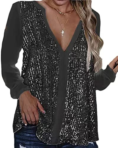 Minetom Langarmshirt Damen Glänzend Pailletten T-Shirt Langarm Blusen V-Ausschnitt Lose Oversize Shirt Casual Oberteile Top B Schwarz XXL