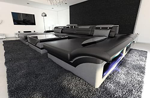 Wohnlandschaft Monza U Form Sofa Ledersofa - mit LED Beleuchtung, verstellbare Kopfstützen, Recamiere/Lederfarben wählbar/Ausrichtung wählbar (Ottomane Links, Schwarz-Grau)