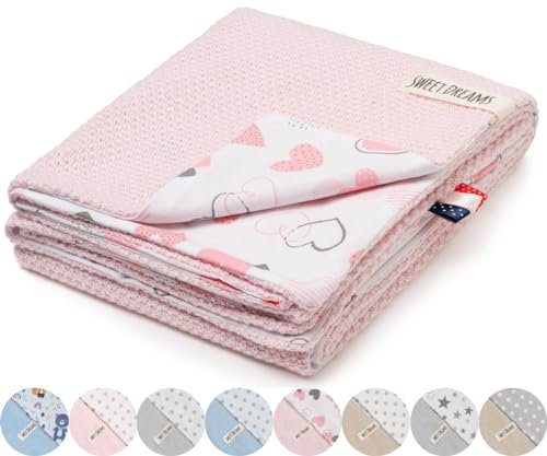 Mikos* Babydecke Leichte Baumwolle Kinderdecke ohne Füllung, Kindergarten Baumwolldecke für Mädchen, Junge, Neugeborenen Kinderwagen Babyschale Kuscheldecke 75x100 (1040) (Rosa/Herzen)
