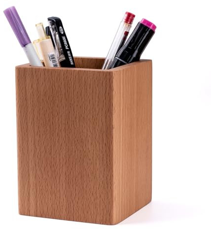 IRIVER BLANK Walnut Pencil Pen Holders Holder Stand for Desk Geometric Pencil Cup Pot Cute Desktop Office Supplies, Makeup Brushes Organizer (Beech wood)
