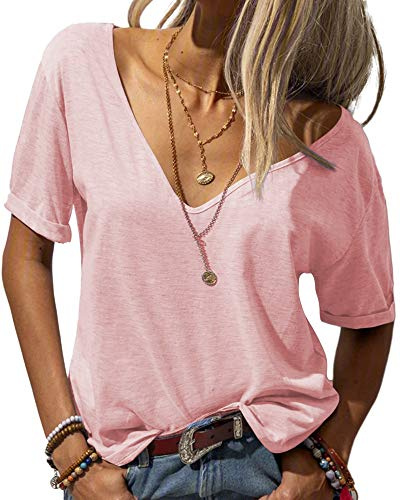 Tankaneo T-shirt d'été basique pour femme - Col en V profond - Manches courtes - Solide - Décontracté