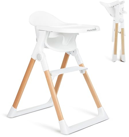 Munchkin Float Baby High Chair for Babies and Toddlers, Foldable for Easy Storage, White with Wooden Legs
