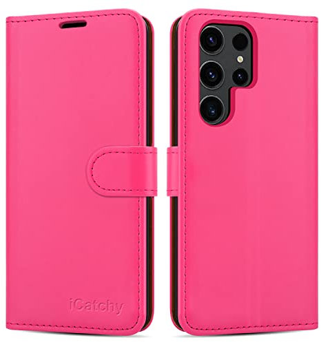 iCatchy for Samsung Galaxy S23 Ultra Case Leather Wallet Book Flip Folio Stand View Phone Cover with Card Slots Compatible with Samsung S23 Ultra 5G 6.8-Inch (Pink)