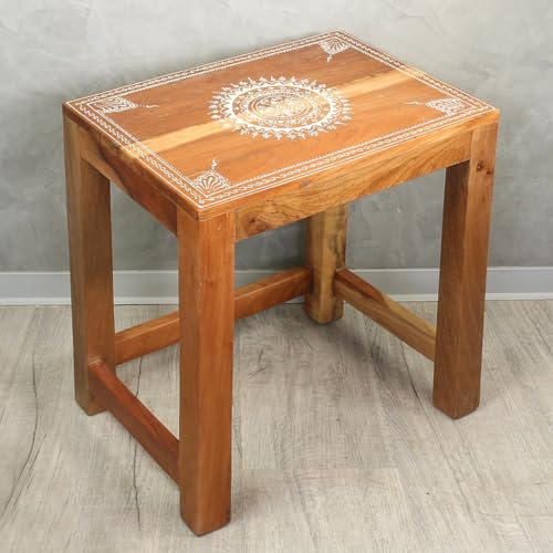 Indischer Beistelltisch mit Mandala Malerei Tisch Tischchen Nachttisch Hocker Asien Natur ca. 54 cm hoch Groß