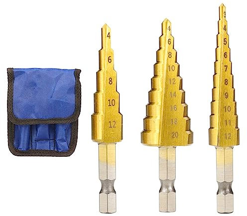3 Pcs HSS Step Bits Set HSS Titanium Coated Step Drill Bit Set High Speed Steel Step Drill Bits Set Cone Hole Cutter Drill Bits with Universal Hex Shank for Wood Metal Plastic PVC Board Sheet