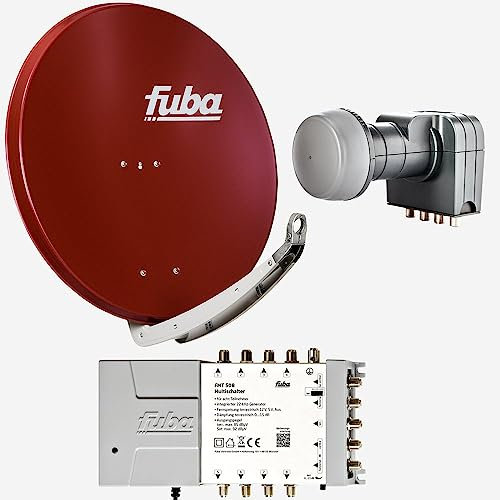 Fuba Sat Anlage 8 Teilnehmer | Satellitenschüssel Komplettset - DAA 850 R Alu Sat-Schüssel 85cm rot + Fuba Quattro LNB + Fuba FMT508 Sat Multischalter 8 Teilnehmer (DVB-S2, HDTV, UHD 4K/8K)