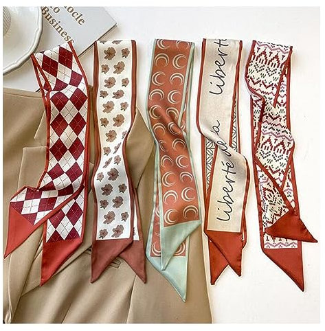 Yurosiay 5 Stück Seidenschal Haarband Damen Vintage Blumenmuster Simulierter Seiden Stirnband Französischer Haarband Schal Schmal Seidenschal Seidentücher Satin Halstuch Handtaschen Schal Rot