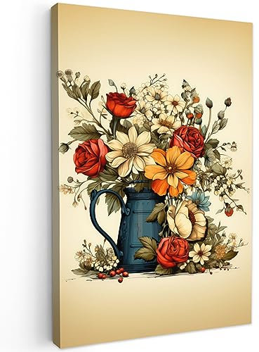 MuchoWow© Impression sur Toile Decoration Murale Peinture 80x120 cm Tableaux Decoratifs Muraux Déco Chambre Tableau Salon Vintage - Fleurs - Vase - Couleurs - Beige