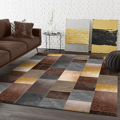 Rug-QJDDUP Kurzflor Teppich Quadratisch,Brown 200 x 200 cm, Kurzflorteppich Esszimmer Wohnzimmer Schlafzimmer Kinderzimmer,Braun-gelb-graues Patchwork-Design