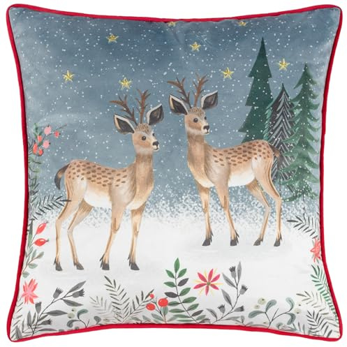 furn. Ditsy Reindeer Polyester Filled Cushion (Multicolour - 45x45cm) | Christmas Reindeer Snowfall Trees Winter Floral Scene Embroidered Stars Festive Pillow