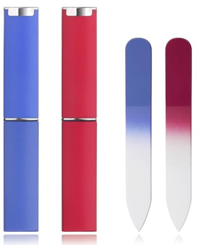 2-Pack Mini Glass Nail File with Case 2mm Thickness Small Crystal Files for Nature Nail Gentle Double-Sided Etched Fingernail Files for Travel Fine Grit Czech Glass Gifts Package Stocking Stuffers
