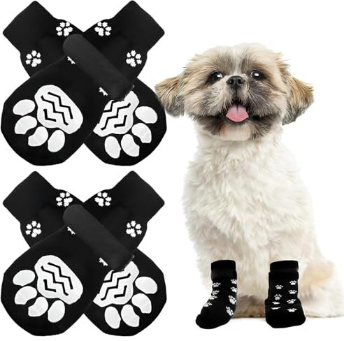 AUSYIWI 4er-Set Anti-Rutsch-Socken für Hunde, Anti-Rutsch-Socken für Hunde mit verstellbarem Riemen, Hundepfotenschoner mit Baumwolle für große und kleine Hunde (S)