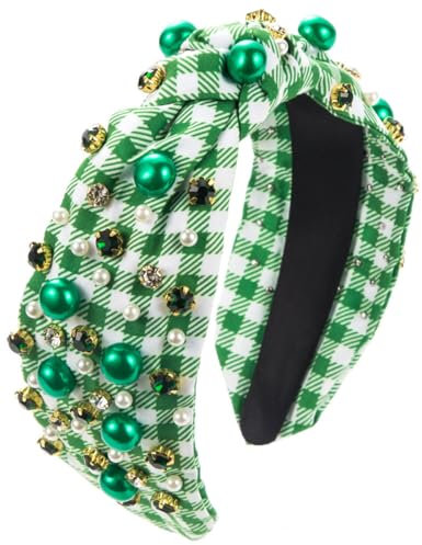 scicent Headband Boho Knoten Haarreifen Damen Karierter Druck Haarband Mode Haarbänder Vintage Perle Strass Geknotet Stirnbänder für Frauen (Weiß Grün) - 25713