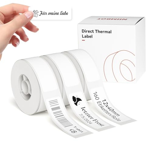 NIIMBOT Etiketten für D110 D11 D101 Etikettendrucker, 12 x 40mm 155 Etiketten/Rolle, 3 Rollen Selbstklebender Etikettenband für Zuhause, Büro, Schule, Weiß