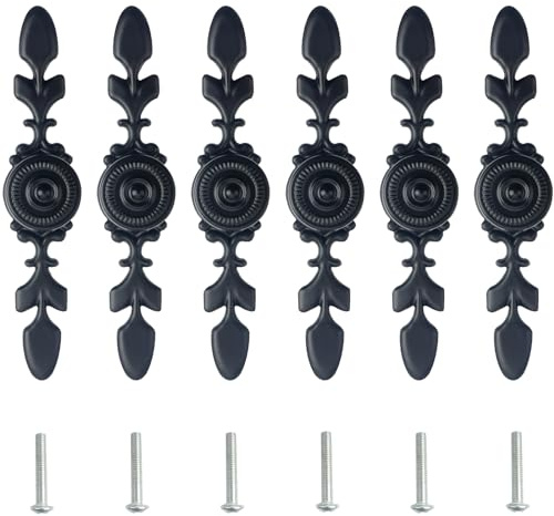 Roellgs Door Handle Furniture Pulls, 163mm, 6 Piece Black Cabinet Pulls, Metal Door Pulls for Drawers, Wardrobes, Garden Doors, Shed Doors (Vintage Pattern)