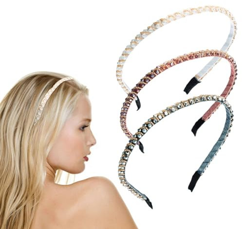 scicent Haarband Damen 3 Stück Glitzernd Haarschmuck Hochzeit Dünne Stirnband mit Strass für Alltägliche Dekoration Modische Stirnbänder für Frauen Mädchen Retro Haar Accessoires für Makeup - 27918