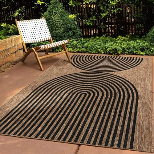 In & Outdoor Teppich Wetterfest Wohnzimmer Balkon Küchenteppich Terrassenteppich Flachgewebe Sisaloptik mit Muster Boho Kreise schwarz 160x220 cm