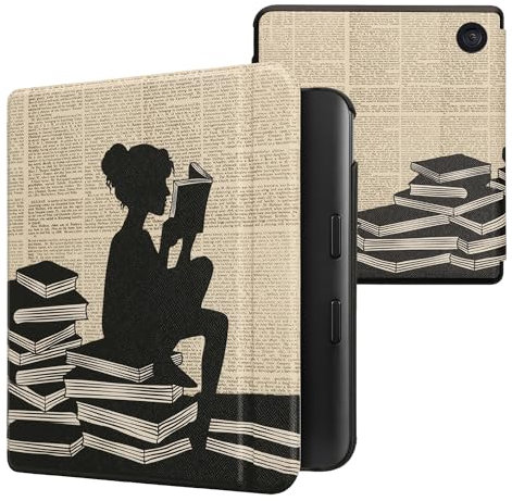 kwmobile Custodia eReader Compatibile con Kobo Libra Colour Cover - eBook Reader Flip Case - nero/beige - Ragazza e Libri