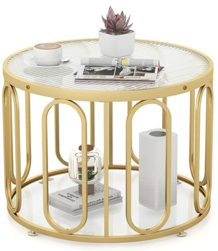 COSTWAY 60cm Round Coffee Table, Tempered Glass Cocktail Center Table with Oval DIY Swivel Brackets and Storage Shelf, 2-Tier Modern Gold Metal Frame Accent Tea Sofa Side Table for Living Room Bedroom