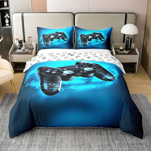 Loussiesd Kinder Jungen Bettwäscheset Gamepad drucken Bettbezug Blau Spielthema Bettwäsche Videospiel Action Buttons Bettwäsche Set 135x200cm 100% Baumwolle für Teens Weiche mit Reißverschluss