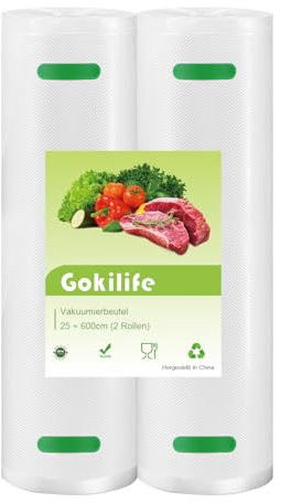 Gokilife Vakuumierbeutel - 2 Rollen 25x600cm Reißfest ca. 450µm, Vakuumierfolie für alle Vakuumierer & Lebensmittel Vakuumiergerät, Profi Folienrollen BPA-frei, Kochfest und Sous Vide Gefrierbeutel