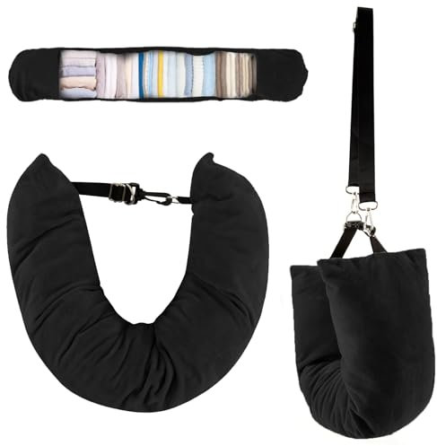 KDJXZ Stuffable Neck Pillow for Travel，Neck Pillow Stuffable with Clothes, Travel neck pillows With Adjustable Straps, Soft Neck Pillow Fillable Go Travel for Essentials Extra Luggage (1, Black)