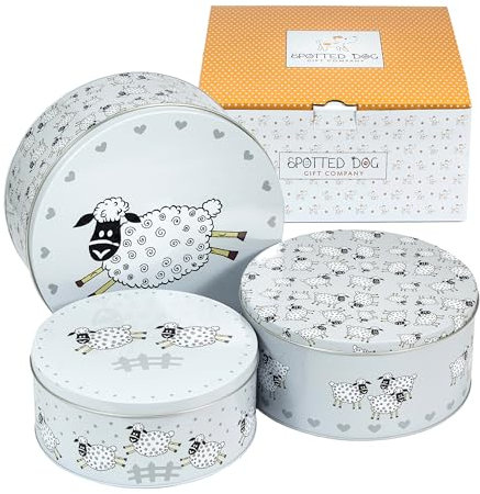 SPOTTED DOG GIFT COMPANY Cake Tin Storage Set of 3, Round Nesting Cake Tins for Storing Cakes & Biscuits, Stackable Airtight Biscuit Containers, Sheep Themed Gifts, Large Medium Small