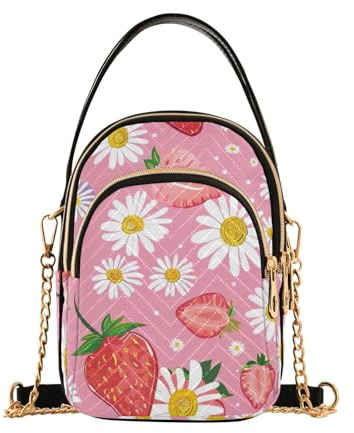 ODAWA Umhängetasche mit Sonnenblumen-Motiv, Umhängetasche, Handtasche, Damen, Schultertaschen und Handtaschen, Erdbeeren Gänseblümchen, Einheitsgröße