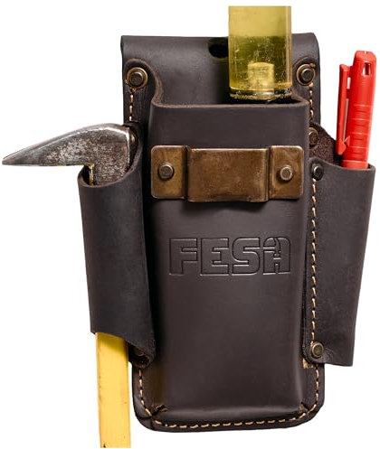 FESA Kleine Werkzeugtasche aus Leder – aus genarbtem Leder, kleine Werkzeugtasche mit verstärkten robusten Nieten, passend für Gürtel bis zu 7,6 cm, handgefertigt (mit Maßband-Clip, braun)