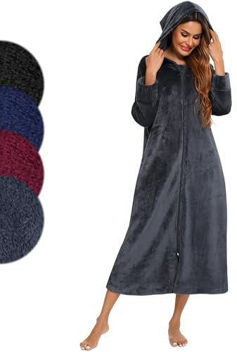Figarge Bademantel Damen und Herren mit Reissverschluss und Kapuze langer Bademantel Fronttaschen Saunamantel Flanell Bademantel (DE/NL/SE/PL, Alphanumerisch, XXL, Regular, Regular, Dunkelgrau)