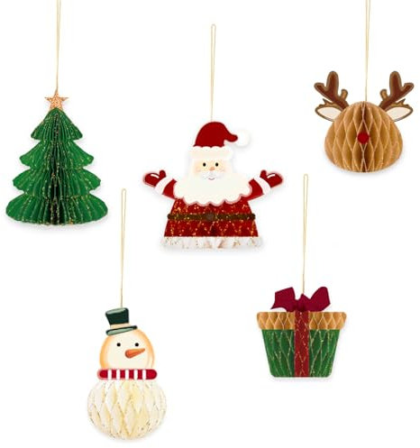 NICROHOME EUR 5 PCS Christmas Hanging Decorations, Paper Honeycomb Hanging Ornaments with Santa Claus Christmas Tree Elk Snowman Gift Box Shape for Xmas New Year Hanging Decoration
