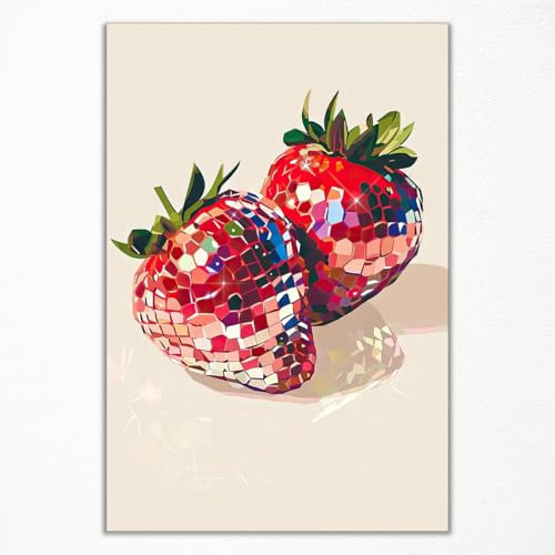 xbsifyiooa Funky Red Strawberry Disco Wandkunst, trendiges Discokugel-Poster für Mädchenzimmer, kokette Erdbeeren Bilddruck, Erdbeer-Disco-Kugelkunst, Obst-Poster, 30,5 x 40,6 cm, ungerahmt