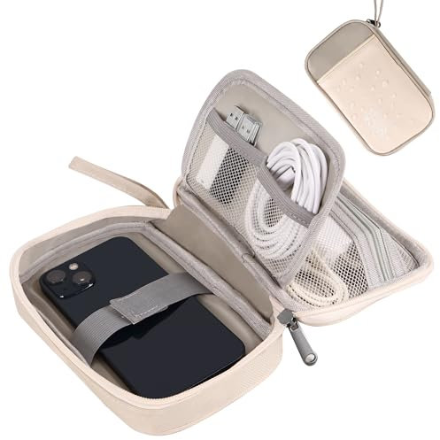 BASVII Kabeltasche Organizer, Kabel Organizer Tasche Mehrschichtiges Design, Lagerung Kabel, Ladegeräte, Powerbank und USB, Kabel Tasche mit Griff, Leicht zu Tragen (Beige)