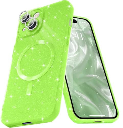 Micoden for iPhone 15 Case [Compatible with Magsafe] Magnetic Phone Case Glitter Bling Sparkle Women Girl Shockproof with Camera Protector for iPhone 15,Neon Green