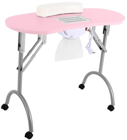 Table de manucure avec aspiration, table de manucure pliante, table de manucure pliante, table de manucure portable avec roues (rose)