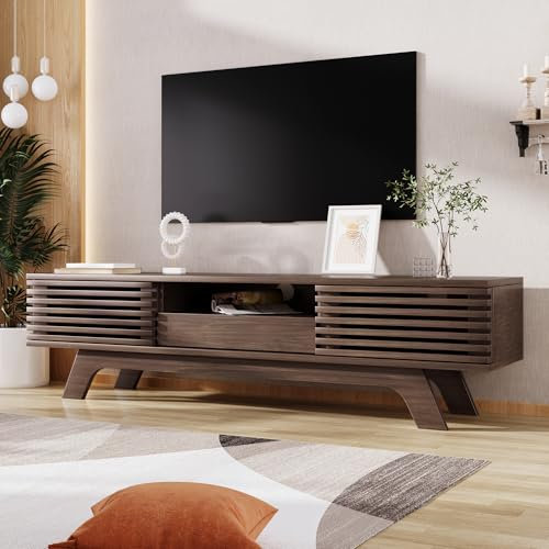 HAINEW Retro-Stil TV-Schrank Lowboard mit 2 Türen und 1 Schublade, 150cm Lang Vintage-Holzfarbe Fernsehtisch TV-Regal Fernsehschrank TV-Bank mit Offene Fächer für Wohnzimmer, 150×40×44,5cm