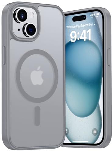 Aunote Magnetic Case for iPhone 15 (6.1 Inch), Compatible with MagSafe Wireless Charging, Scratch-Resistant Matte Back, Shockproof Protective Mobile Phone Case - Grey