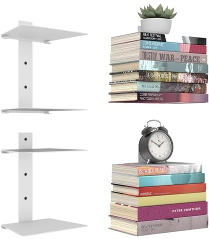 Mefirt Unsichtbare Bücherregale, 4 Stöckiger Vertikaler Bücherturm, Schwebendes Bücherregal für die Wand, Verstecktes Bücherregal aus Metall für das Schlafzimmer, Dekoration im Heimbüro, 2er Set, Weiß