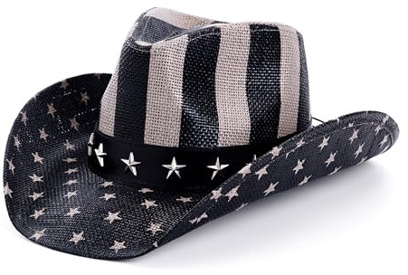 thuizen American Flag Patriotic Western Straw Cowboy Hat, Black, One size