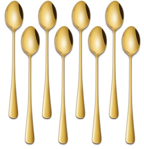 7.5 Inch Gold Iced Tea Spoons,Set of 8 Stainless Steel Long Coffee Spoons,Long Handle Stirring Spoon for Dessert,Coctails,Ice Cream,Latte Spoons,Cocktail Mixing Spoons Set