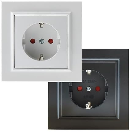 Prise Schuko - blanc brillant et noir mat, dimensions 84 x 84 x 40 mm, idéale pour les installations électriques modernes et sûres. *