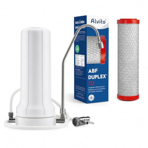 Alvito Auftischfilter Set Secure Pro - Wasserfilter mit ABF Duplex SD | Filter für 100+ Schadstoffe, Bakterien & Viren - 7 l/min Durchfluss - Edelstahlhahn - Geeignet für Wasserwirbler