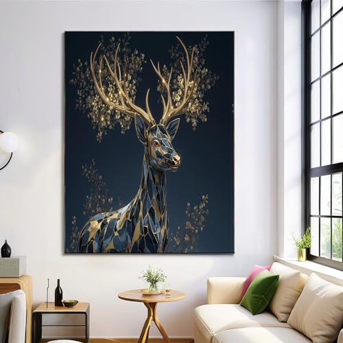 DLERFLOVR Leinwand Bilder 80x120 cm Leinwandbild Goldener Hirsch Mit Geweih Bild auf Leinwand Marmorstruktur Kunstdruck Wandbilder Wanddekoration für Wohnzimmer, Schlafzimmer, Flur, Marineblau