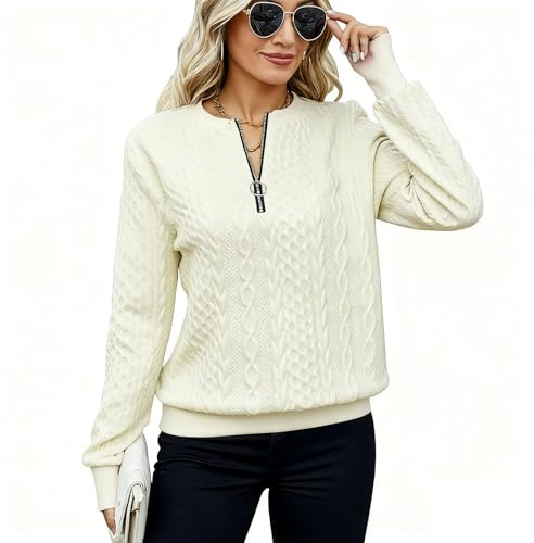 Sweatshirts for Women, Ladies Lightweight Knit Jumpers, Half Zip Pullover Cable Sweatshirt, Ladies V-neck Long Sleeve Tops, Autumn Winter Thermal Casual Sweaters for Office Work Daily, Beige, M