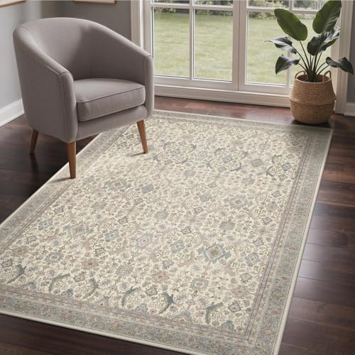 GENIMO Teppich Wohnzimmer 120X170 cm Großer Waschbar Vintage Beige | Boho Vintage Orientalischer Teppiche, Kurzflor Wohnzimmerteppich, Rutschfest Carpet, Groß für Schlafzimmer, Esszimmer, Büro