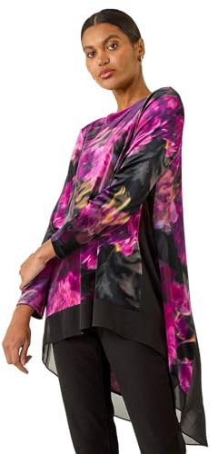 Roman Originals Chiffon Dipped Hem Top Asymmetric Tunic for Women UK Ladies Stretchy Jersey Flared Blouse Smart Fit & Flare Form Casual Loose Longline Party Hanky Tunics - Onyx Pink - Size 18