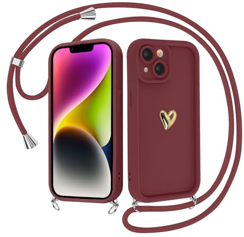 Krdvekm Coques pour iPhone 15 6,1'' avec Cordon Collier, Étui Rouge Silicone Aesthetic Amour 3D Doré Motif Fille Femmes Dessin Antichoc Protection de la caméra Housse avec Corde Lanyard Cover