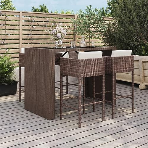 Mandloder 5-TLG. Gartenbar-Set mit Kissen Braun Poly Rattan, wetterfestes Outdoor-Möbelset für Terrasse, Balkon, Essbereich, inklusive 4 Barhockern mit Lehne